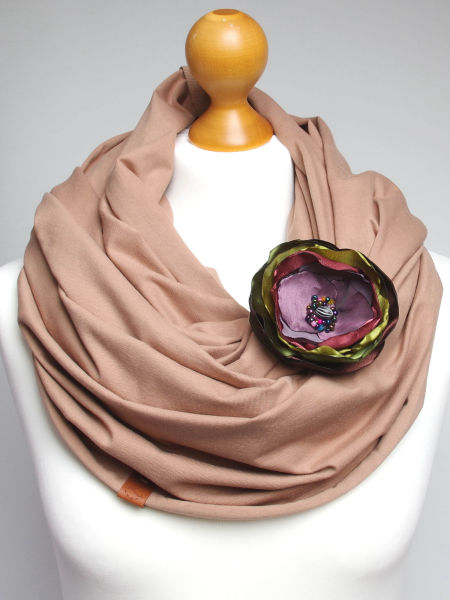 Komin szal bawełniany damski XL tuba - beżowy z broszką 